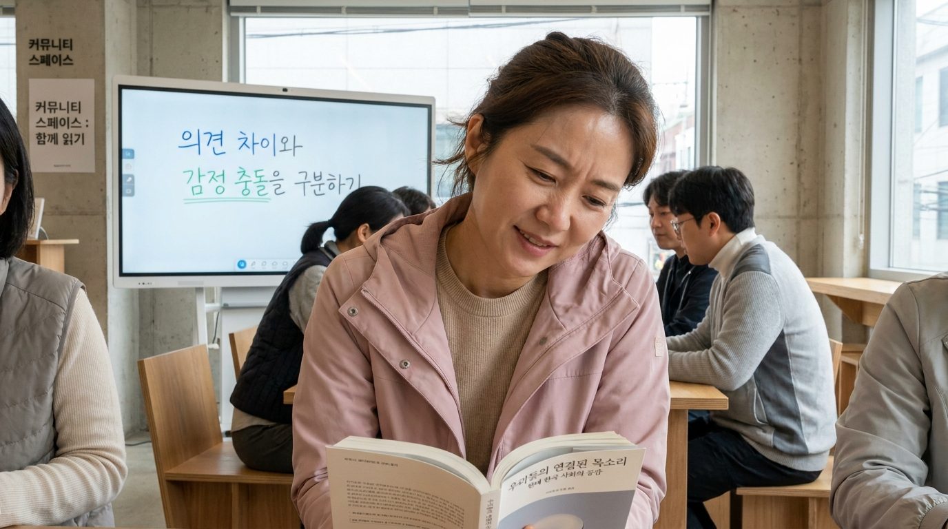 부드러운 파스텔 색상의 옷을 입은 여성이 독서모임에서 신중하고 존중하는 표정으로 의견을 부드럽게 전달하는 클로즈업 사진