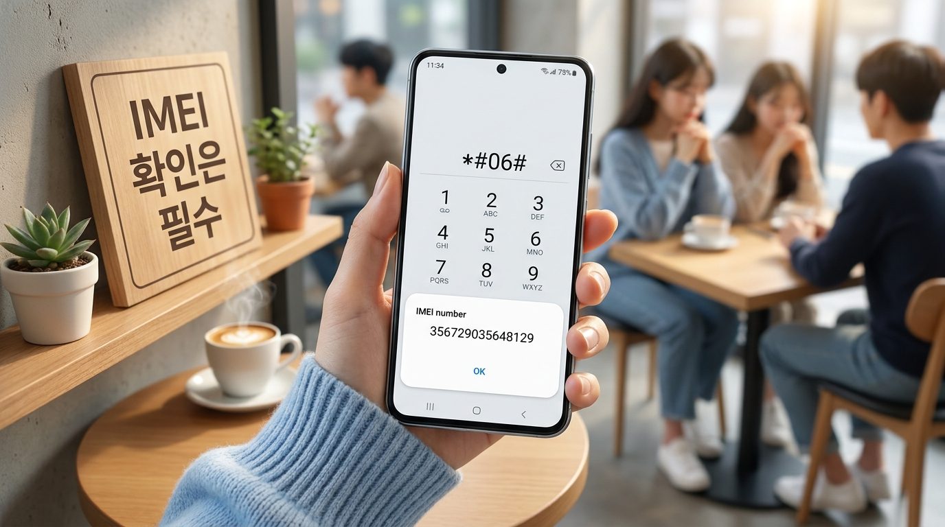 *#06#를 눌러 IMEI 번호를 확인하는 스마트폰 화면의 클로즈업 이미지