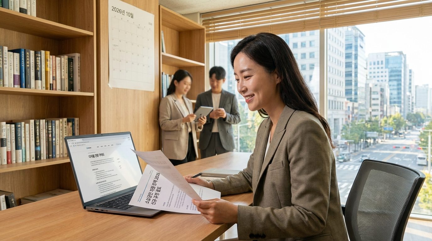 따뜻한 자연광 아래, 2026년 한국의 현대적인 스타트업 사무실에서 서류를 검토하는 젊은 사업자 모습