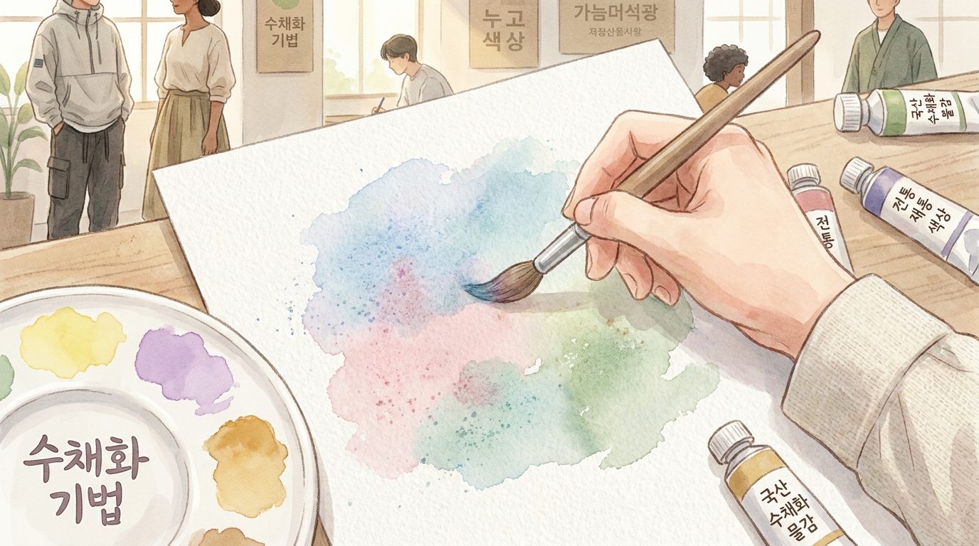 수채화 종이 질감과 번짐을 표현하는 화가의 붓과 손 클로즈업