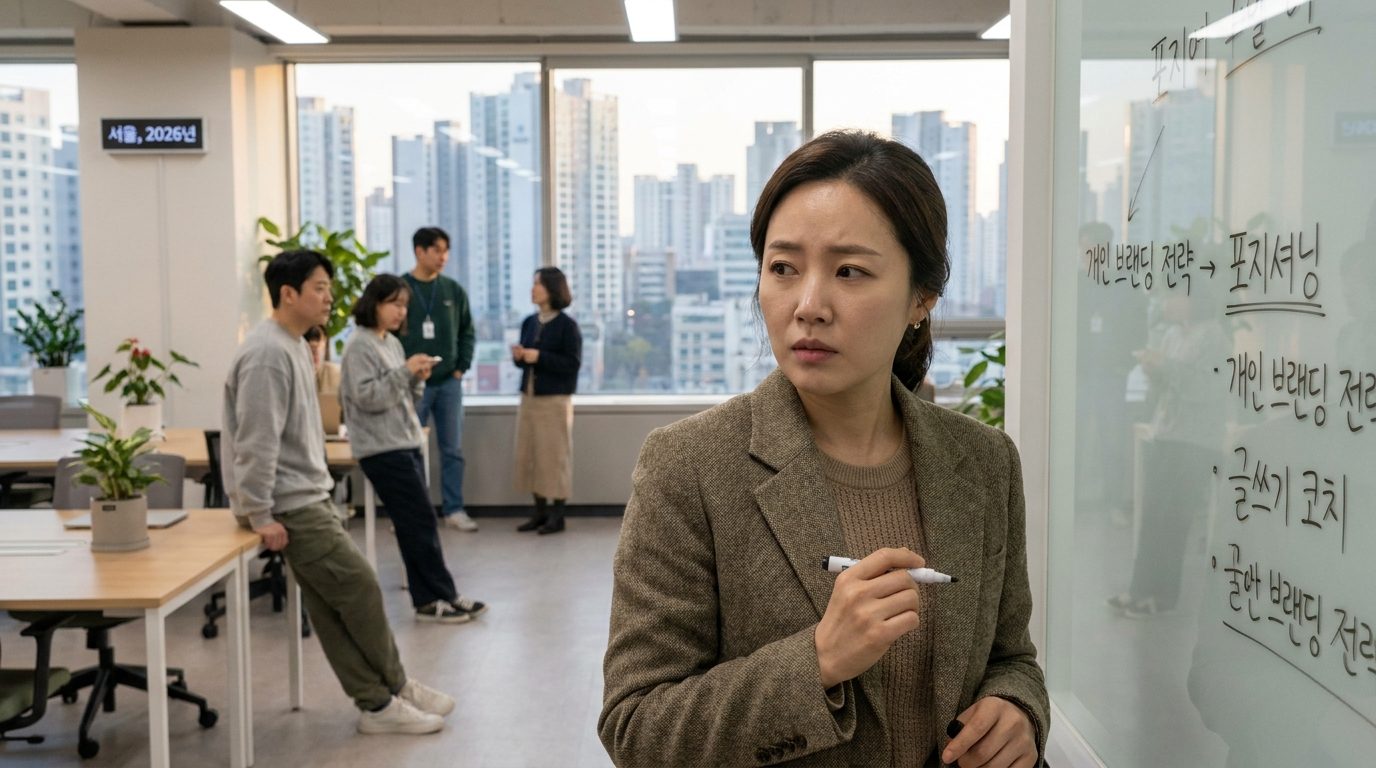화이트보드 앞에서 포지셔닝 키워드를 고민하는 한국인 여성 전문가 클로즈업