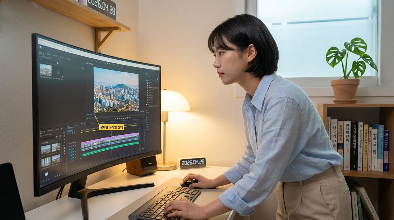프로 영상 편집자가 타임라인에서 정확한 프레임을 선택하는 모습