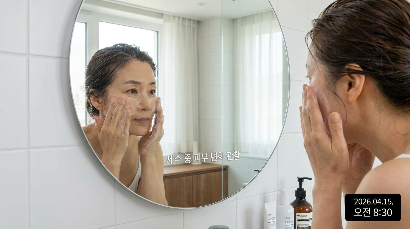 욕실 거울 앞에서 자신의 피부 변화를 꼼꼼히 관찰하는 중년 한국 여성의 클로즈업 사진