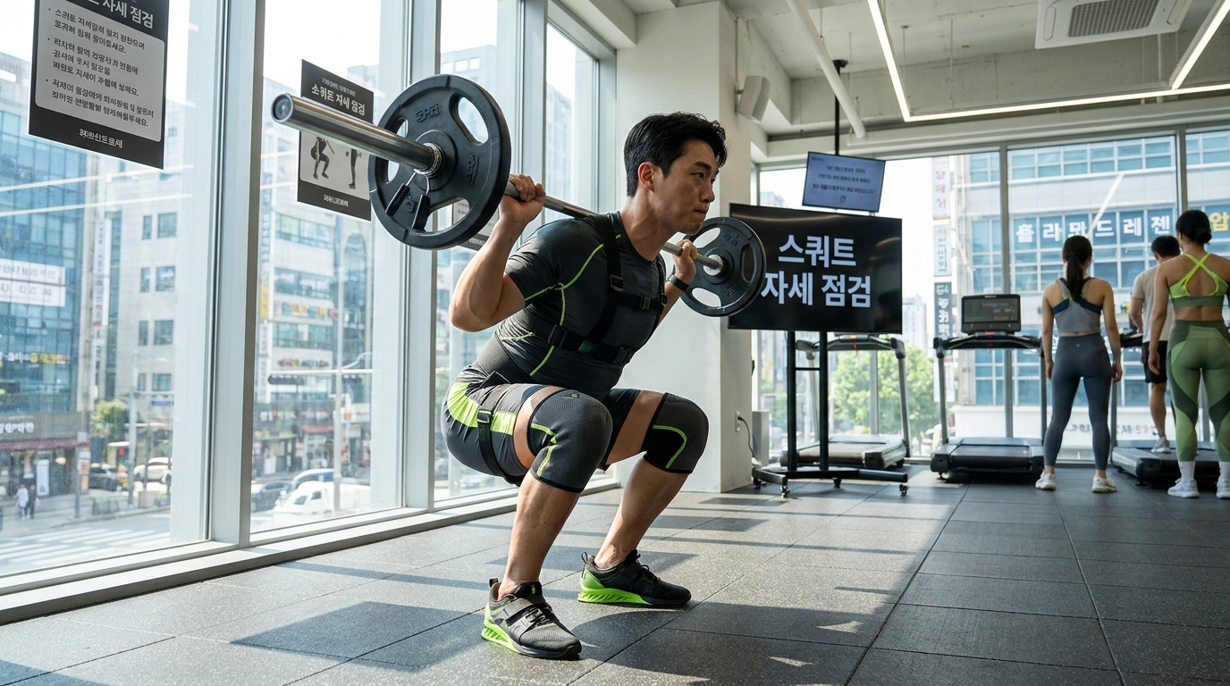 현대적인 한국 체육관에서 깊은 스쿼트를 수행하는 집중한 한국 운동선수의 실사 이미지