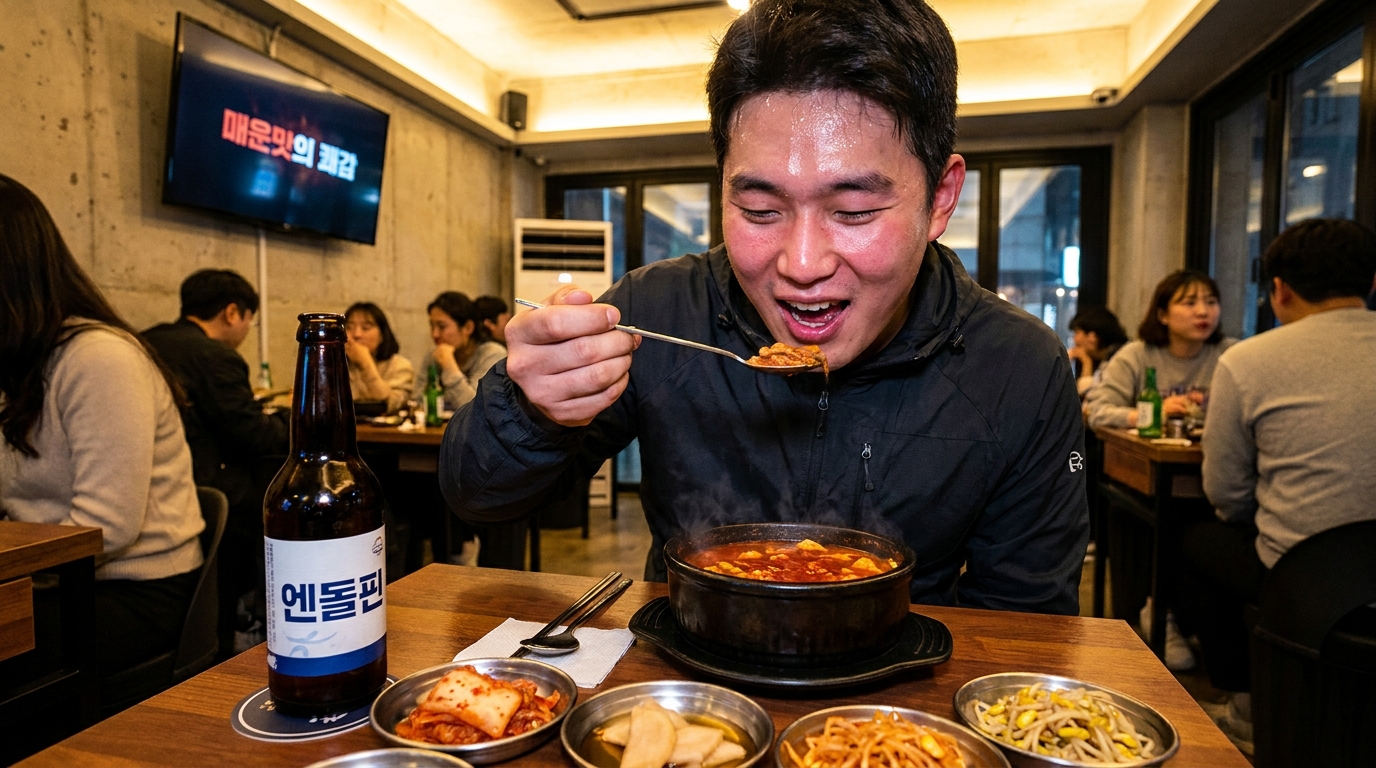 매운 음식을 먹으며 엔돌핀의 쾌감을 느끼는 젊은 한국인 남성, 현대적인 한식당 내부와 따뜻한 조명