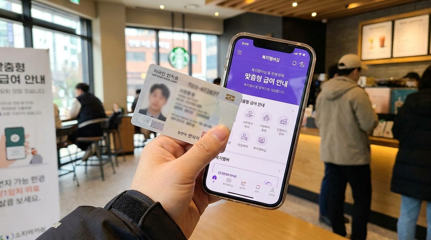 복지멤버십 앱 화면을 들여다보는 젊은 한국인의 손 클로즈업