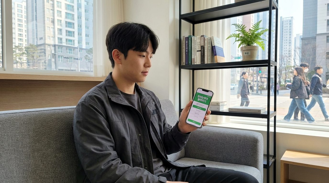 현대적인 거실에서 캐시워크 앱의 돈버는퀴즈를 하는 한국 남성의 자연스러운 모습 고화질 실사 사진