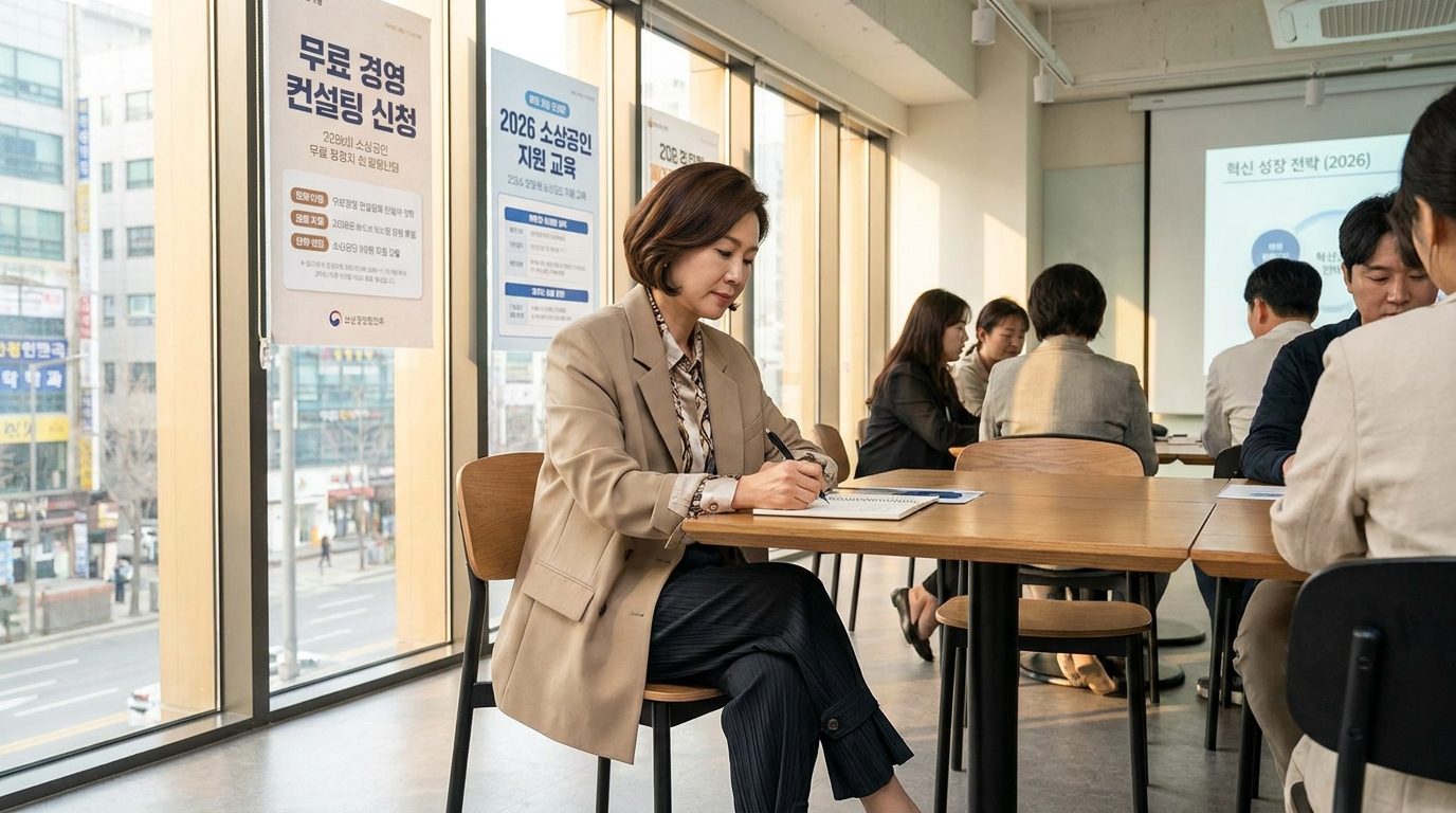 무료 경영 컨설팅 세미나에 참석해 필기하고 있는 한국 1인 사업자 모습