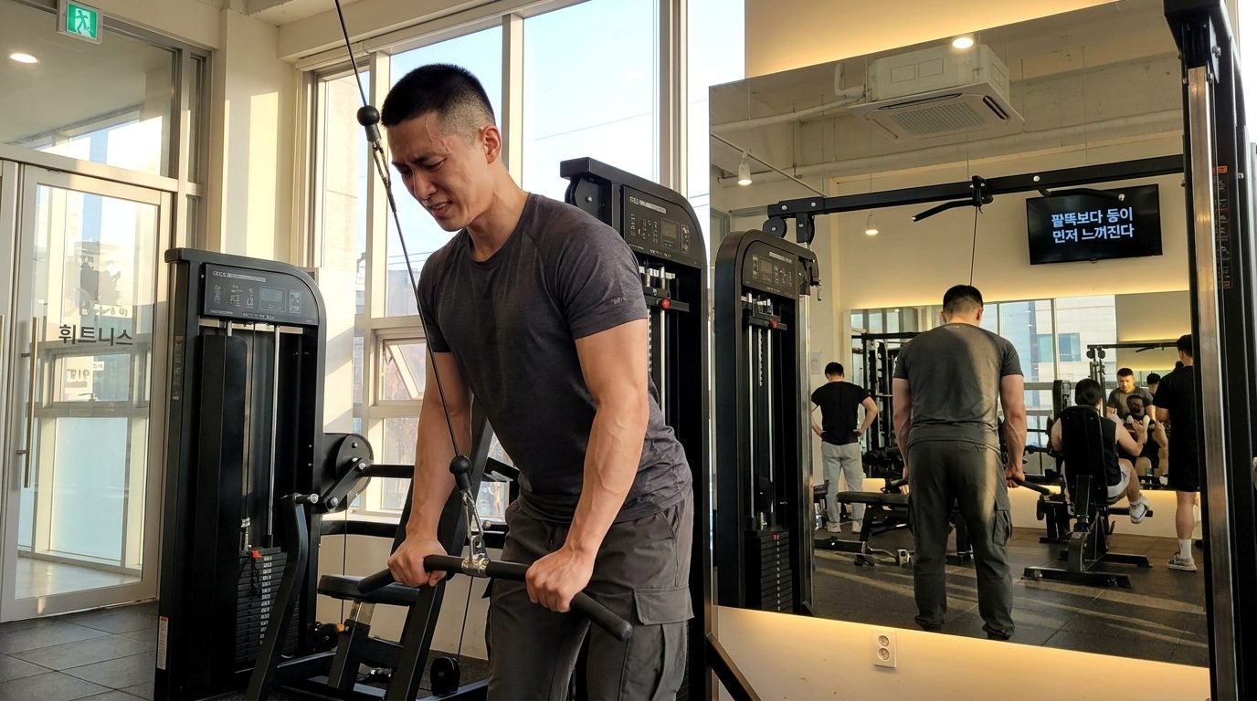 랫풀다운 자세, 헬스장에서 랫풀다운 운동을 마친 한국인 남성이 팔과 등 근육 긴장을 보이며 서 있는 모습