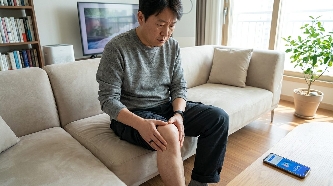 높은 해상도의 실사 이미지로 무릎이 붓고 있는 한국 중년 남녀가 현대적인 거실에 앉아 걱정스러운 표정으로 무릎을 살펴보는 모습