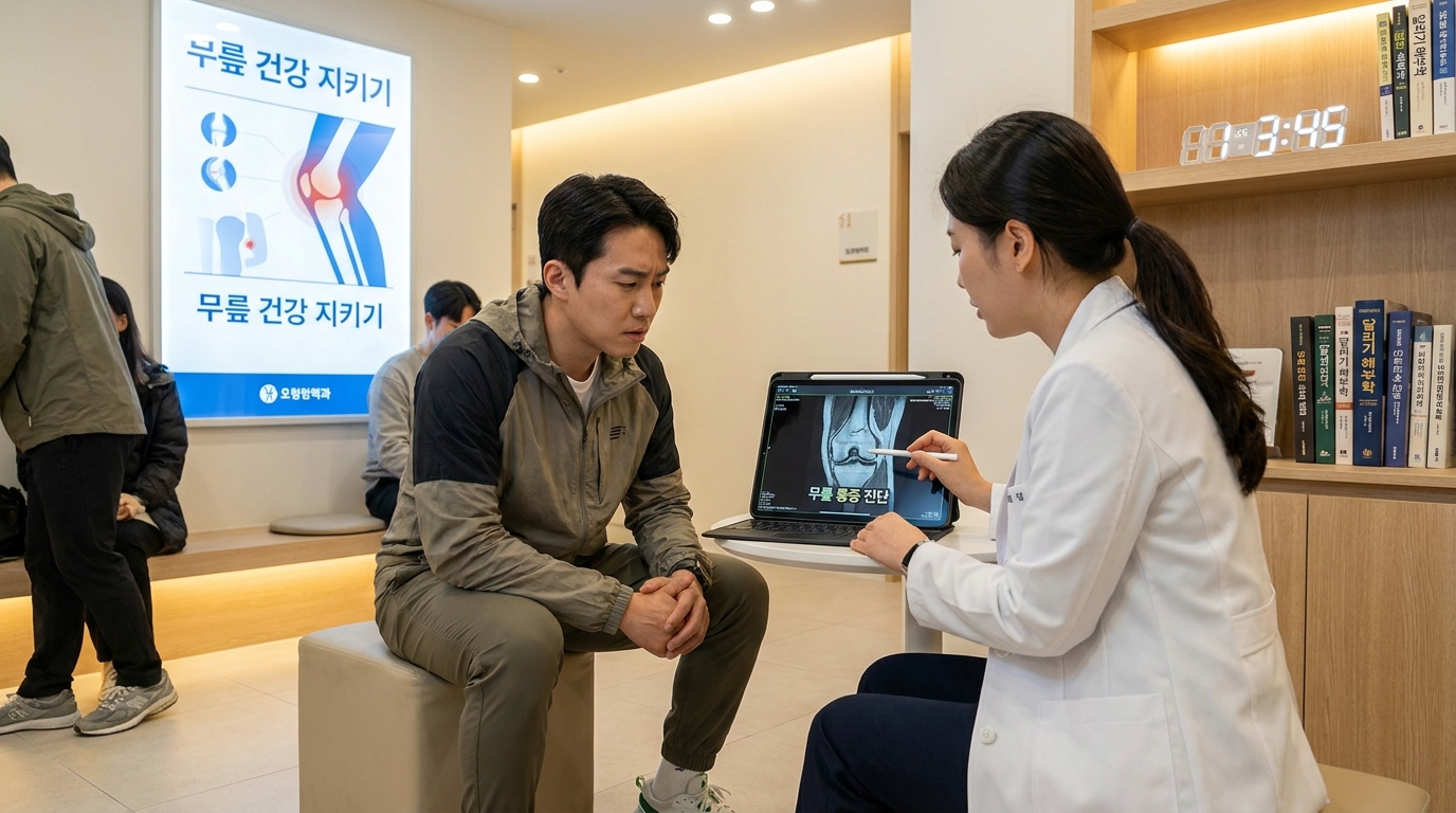 현대적인 한국 정형외과 진료실에서 무릎 통증 상담을 하는 한국 남성 러너의 모습