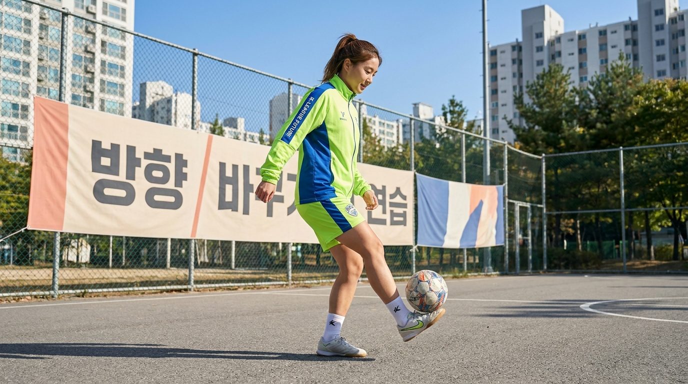 맑은 하늘 아래 야외 풋살코트에서 밝은 색 운동복을 입고 발바닥으로 공을 옆으로 굴리며 방향을 전환하는 동작을 하는 한국 여성 선수, 펜스에 (방향 바꾸기 연습) 한글 배너가 있음