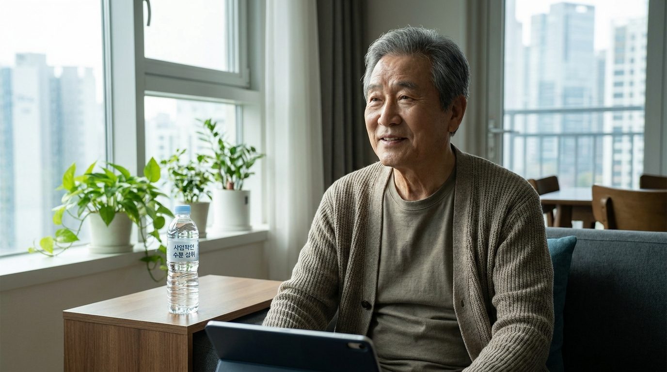 현대적인 2026년 한국의 거실에서 편안히 앉아 있는 노인의 모습을 자연광과 함께 클로즈업으로 촬영한 이미지