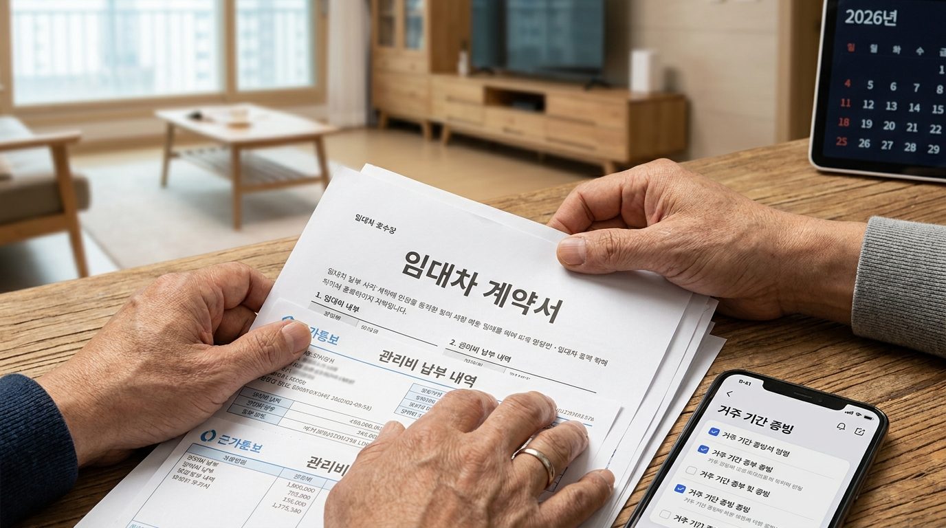 임대차 계약서와 관리비 납부 내역 등 거주 기간 증빙 서류를 준비하는 한국인 중년의 손 클로즈업 사진