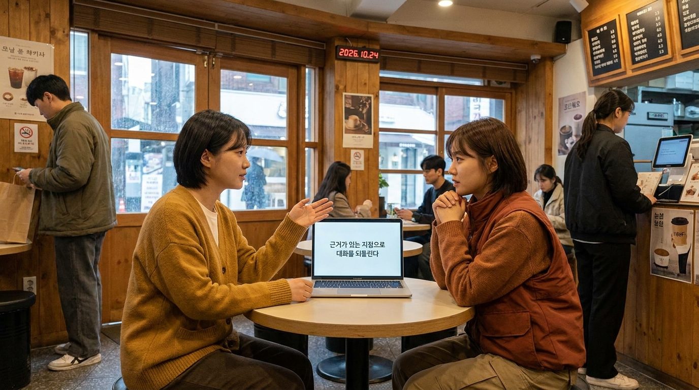 밝고 따뜻한 복장의 두 여성이 아늑한 한국 카페에서 존중하며 건설적으로 토론하는 모습