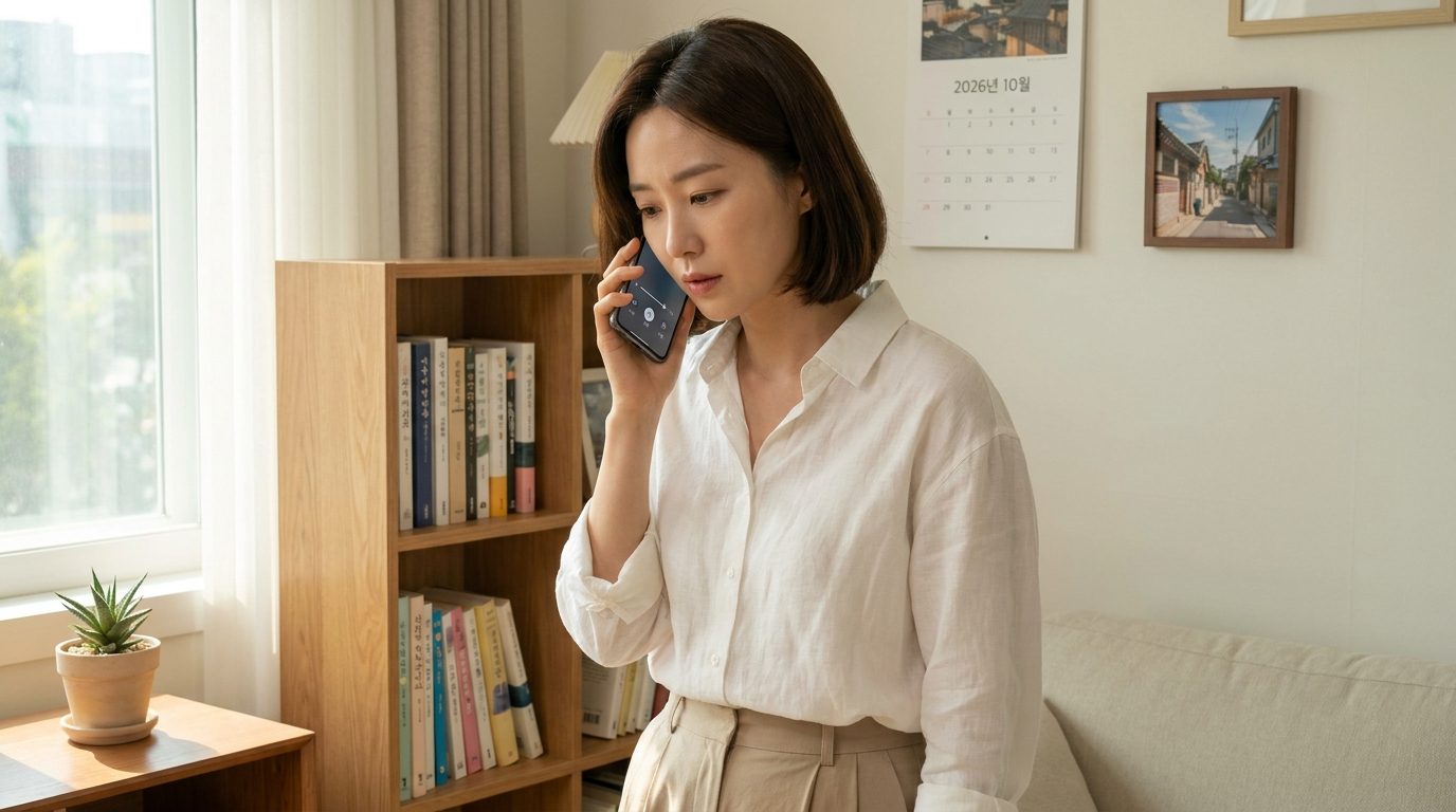 스마트폰 무음 해제 방법: 스마트폰 옆면의 음량 버튼을 확인하는 한국 여성의 실사 이미지