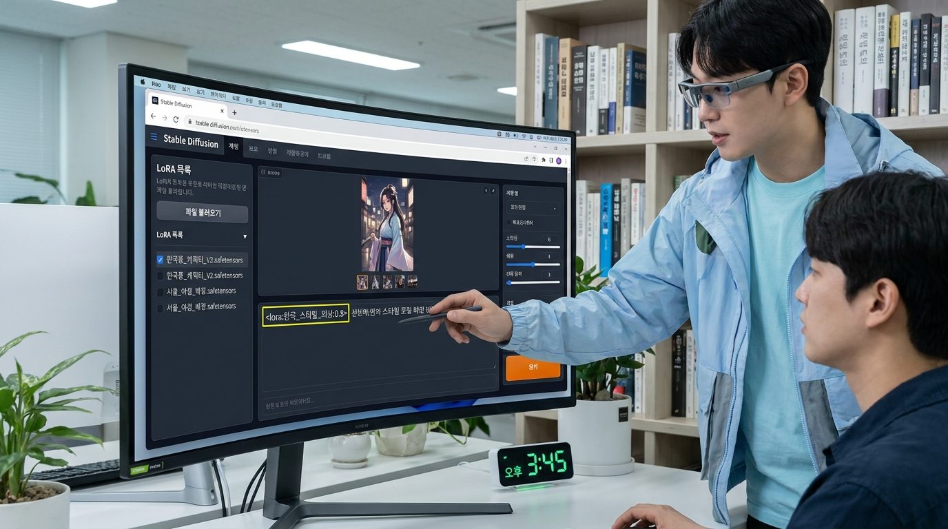 현대 한국 사무실에서 스테이블 디퓨전 웹 UI의 LoRA 탭 설명 장면
