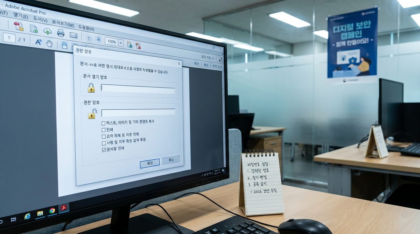 아크로뱃 프로그램에서 PDF 사용자 암호와 소유자 암호 설정 화면 클로즈업, 한국어 인터페이스와 메모가 함께 보임
