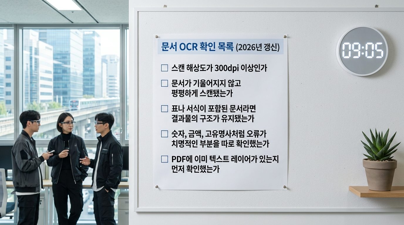 현대 사무실 벽에 한국어로 작성된 OCR 점검 목록이 정돈되어 붙어 있는 모습