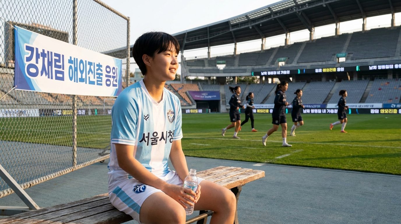 한국 여자 축구 선수 강채림이 한국 축구 경기장에서 휴식하며 해외 진출을 응원하는 현수막이 걸려 있는 모습