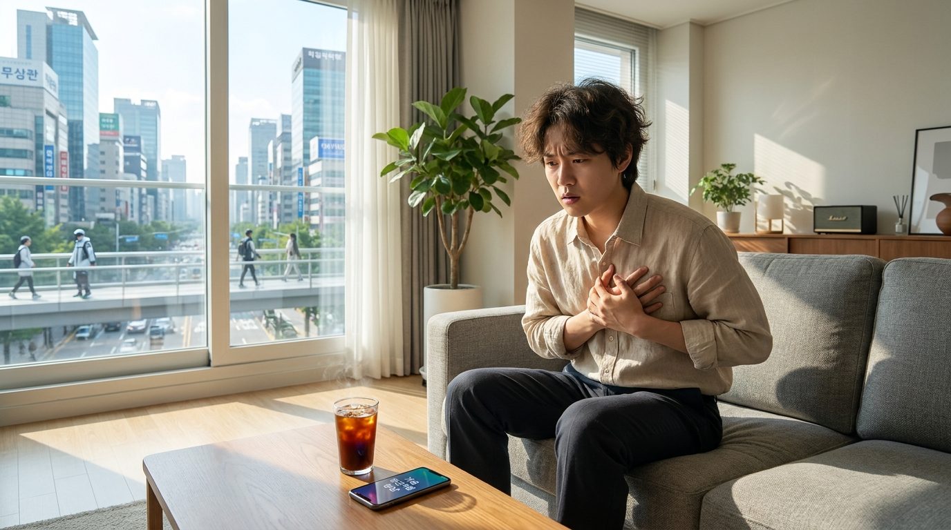 한 젊은 한국인이 가볍게 두근거리는 가슴을 손으로 잡고 현대적인 아파트 거실에서 걱정스러운 표정을 짓고 있는 모습