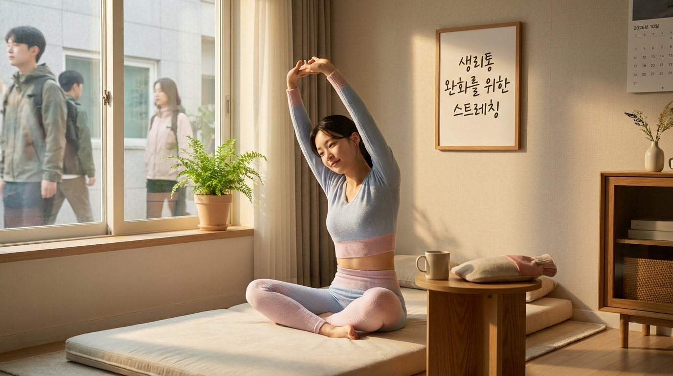 생리통 완화를 위해 가벼운 스트레칭을 하는 여성의 실사 이미지