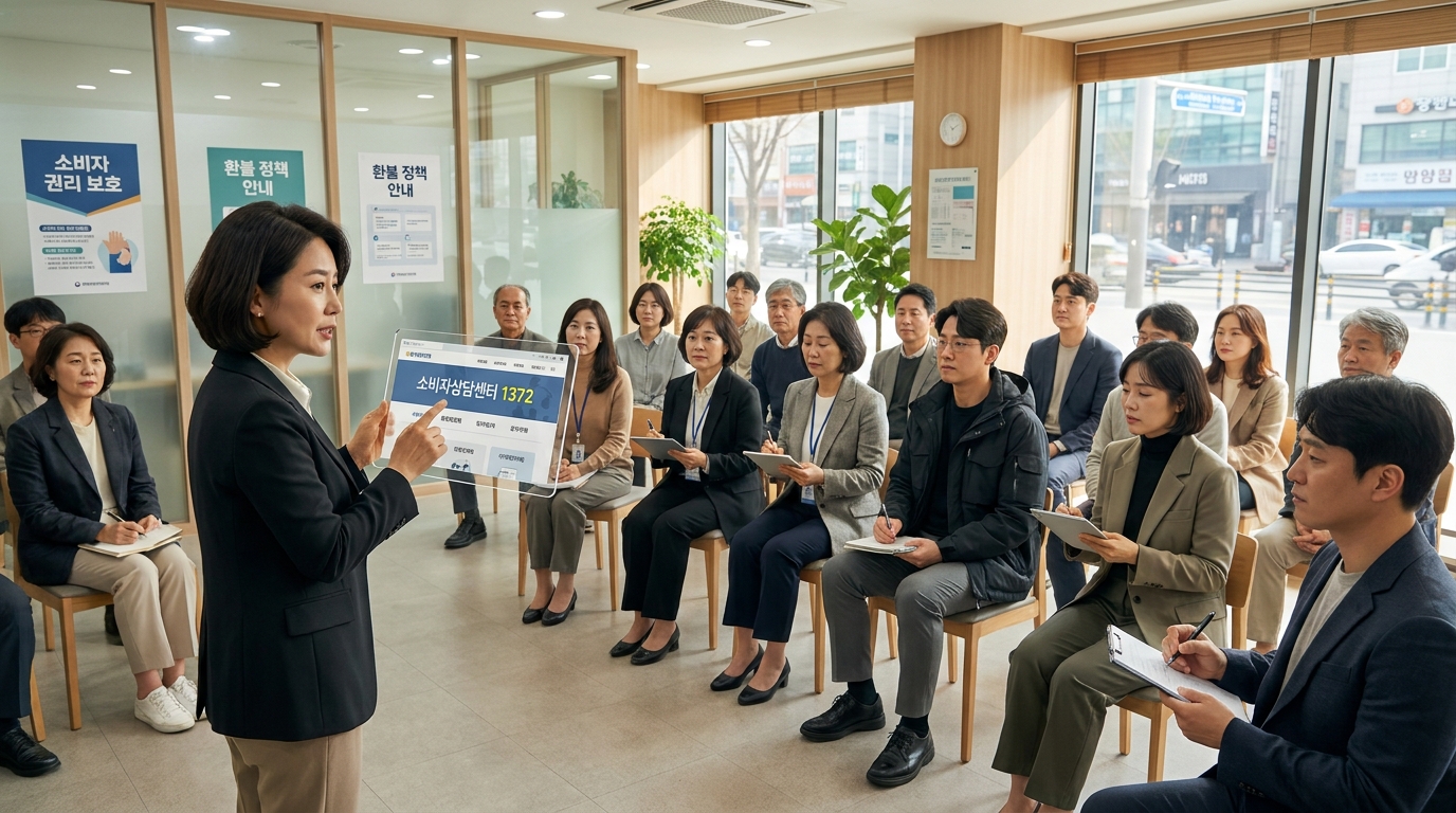 소비자상담센터에서 환불권리를 설명하는 한국 여성과 청중의 모습