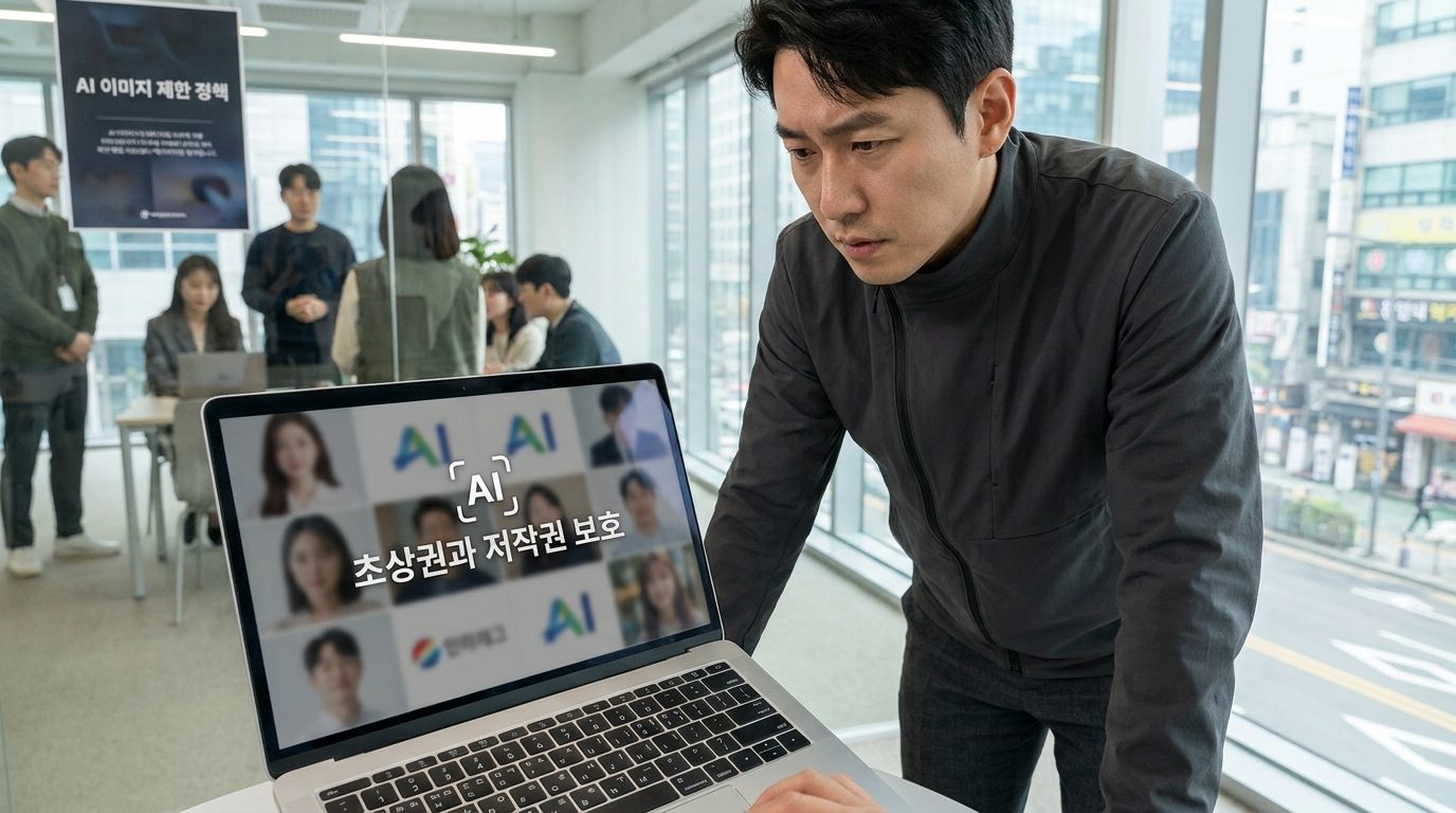 AI 이미지 생성 제한: 한국 전문가가 AI 생성 이미지에서 초상권과 저작권 보호를 확인하는 모습