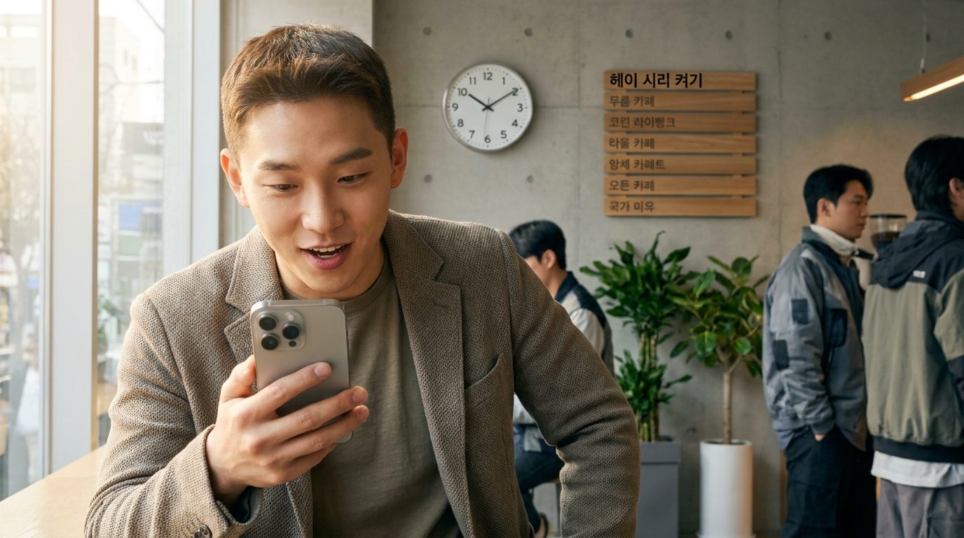 아이폰에서 시리 음성 비서를 활성화하는 모습의 현대 한국 미니멀 카페에서 스마트 캐주얼 복장의 젊은 한국 남성 실사 이미지