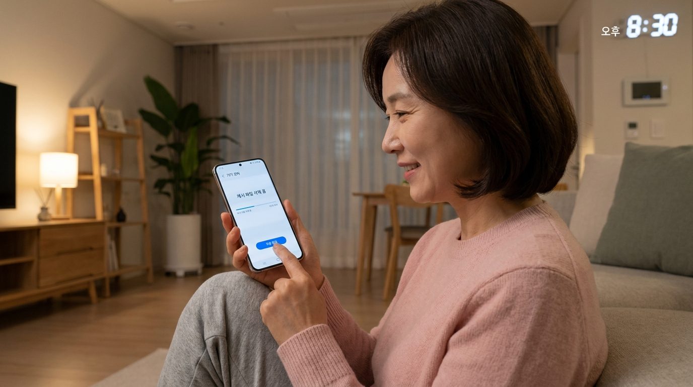 현대적인 한국 가정에서 중년 여성이 스마트폰 앱에서 지금 정리 버튼을 누르는 모습
