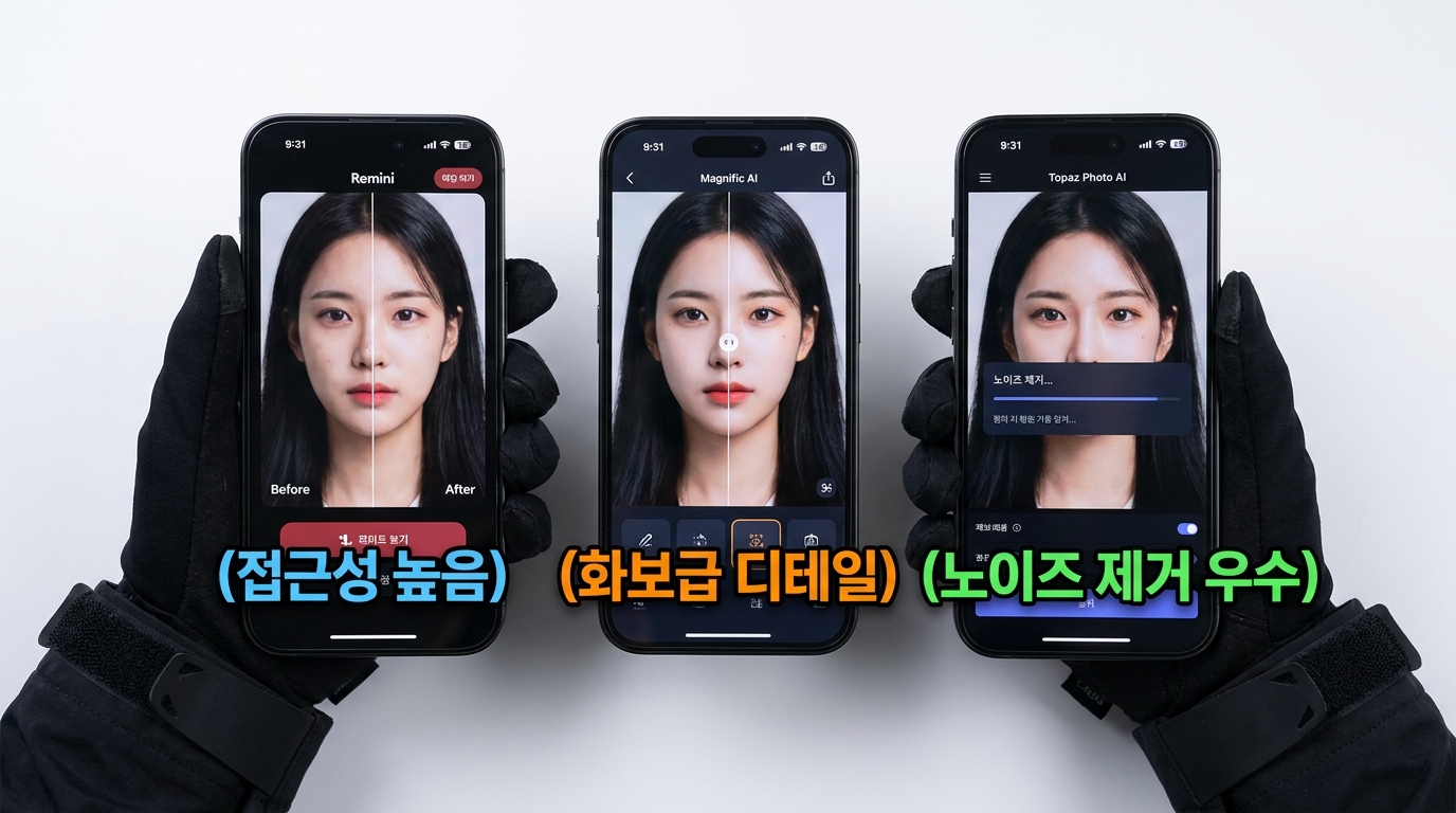 AI 인물 사진 복원 앱 3종 비교를 보여주는 스튜디오 촬영 이미지