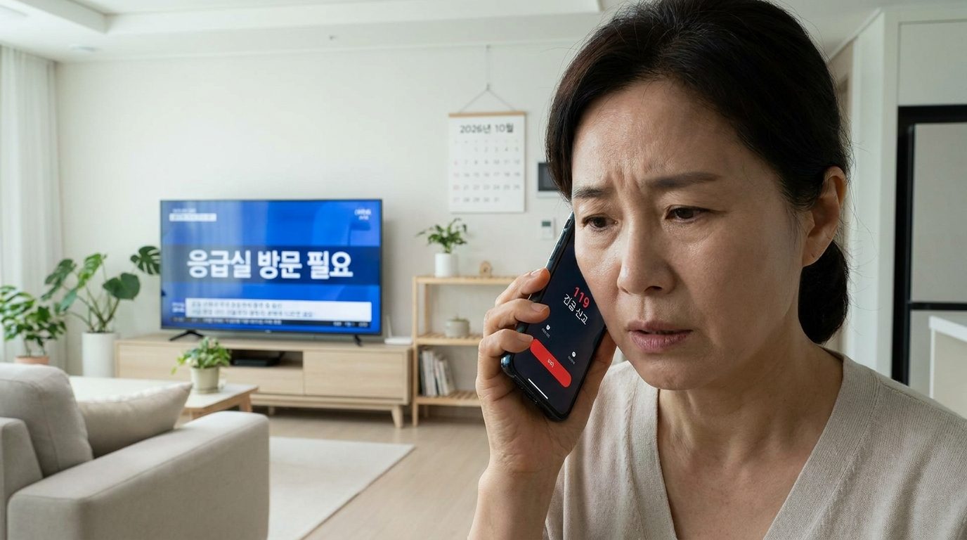 한국의 현대적 아파트 거실에서 긴급 전화를 하는 걱정스러운 여성의 클로즈업 모습.