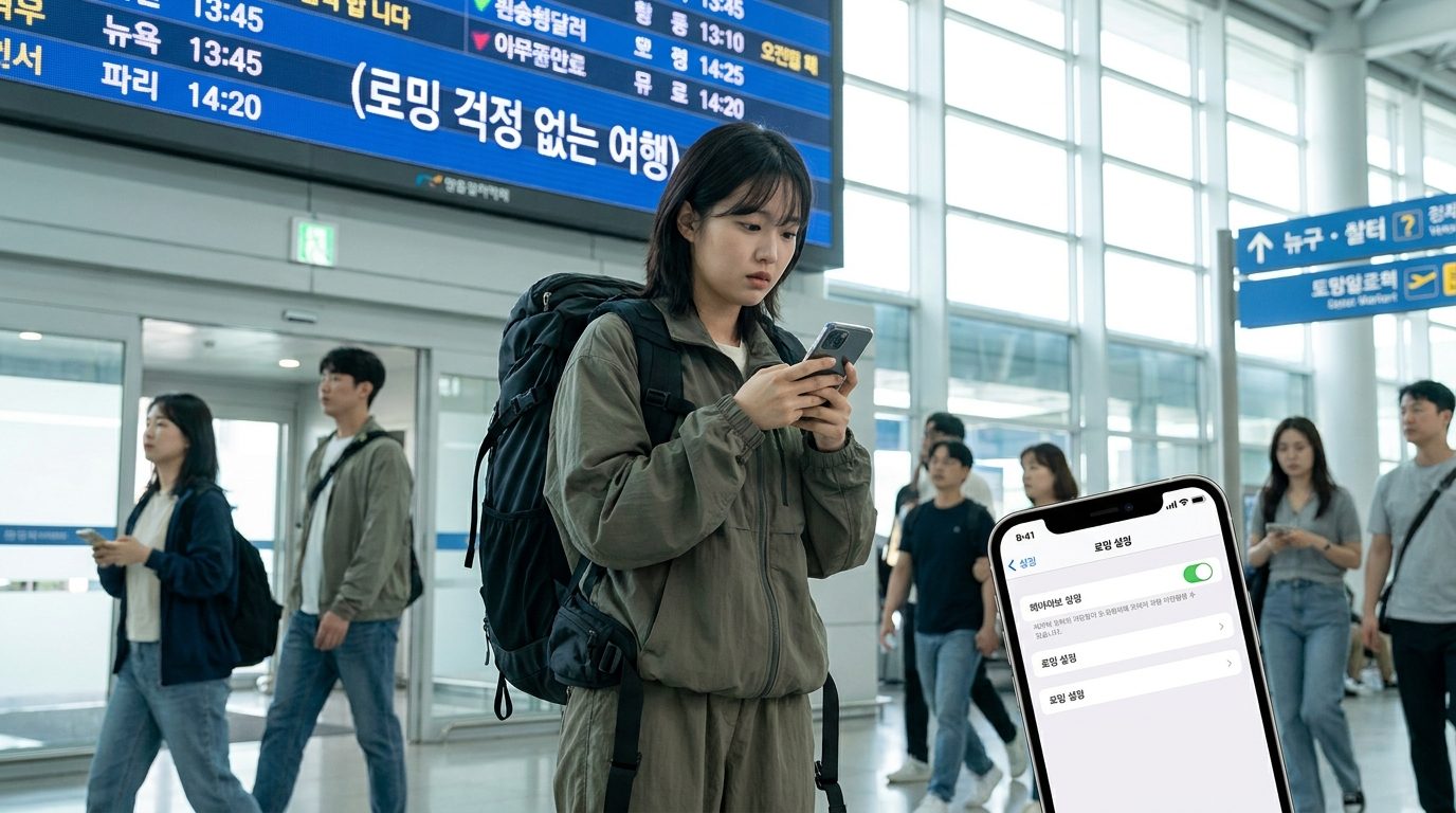 공항에서 스마트폰으로 데이터 로밍 차단 설정을 확인하는 한국인 여행자 모습