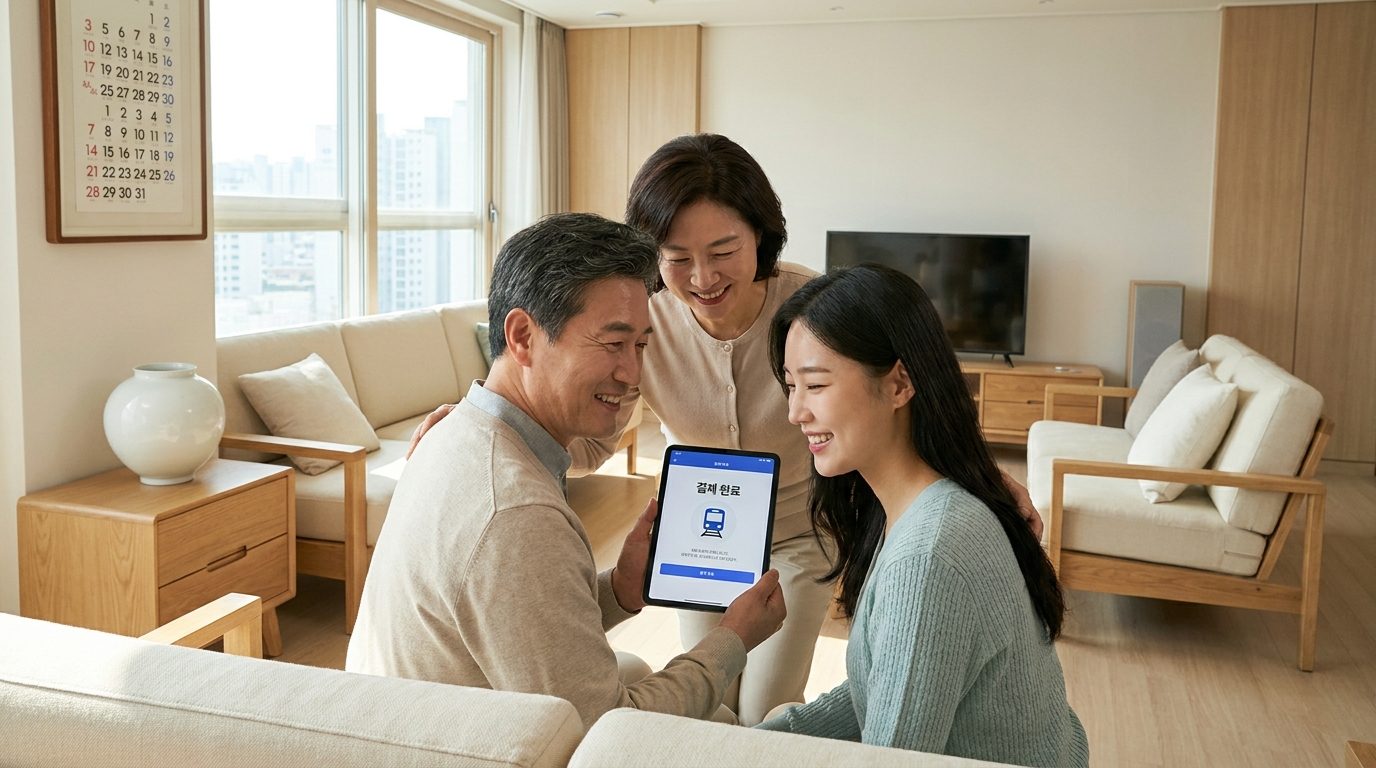 현대 한국 거실에서 코레일톡 앱으로 결제를 완료하는 가족의 모습