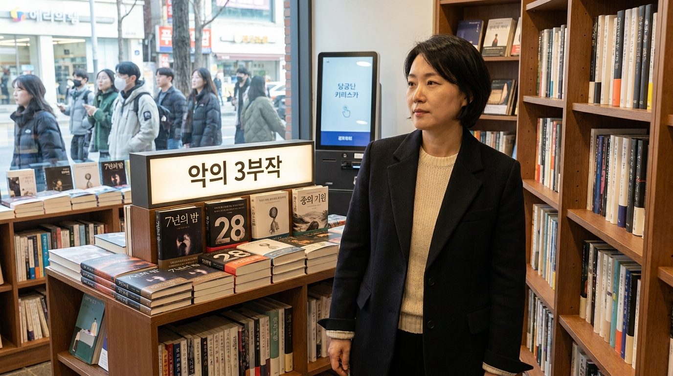 정유정 작가가 한국의 현대 서점에서 책장 앞에 서 있는 모습, 배경에는 악의 3부작 책들이 한글로 진열되어 있다.