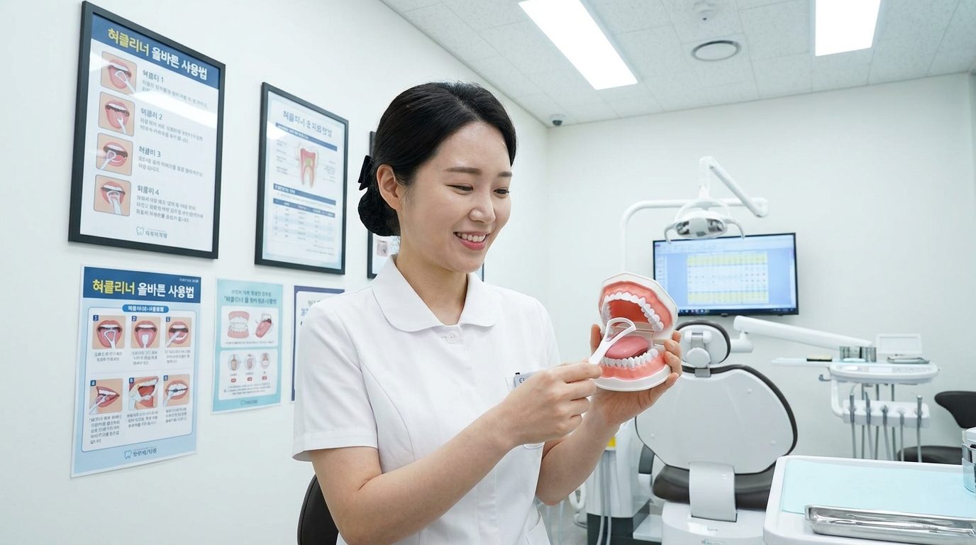 현대 한국 치과에서 혀클리너 사용법을 시연하는 여성 치과 위생사 사진
