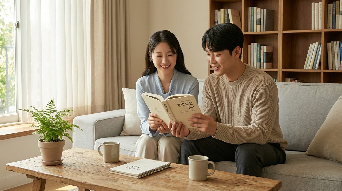 커플 독서모임: 따뜻한 조명 아래 한국 현대 거실에서 같은 책을 들고 이야기하는 젊은 한국인 커플의 모습