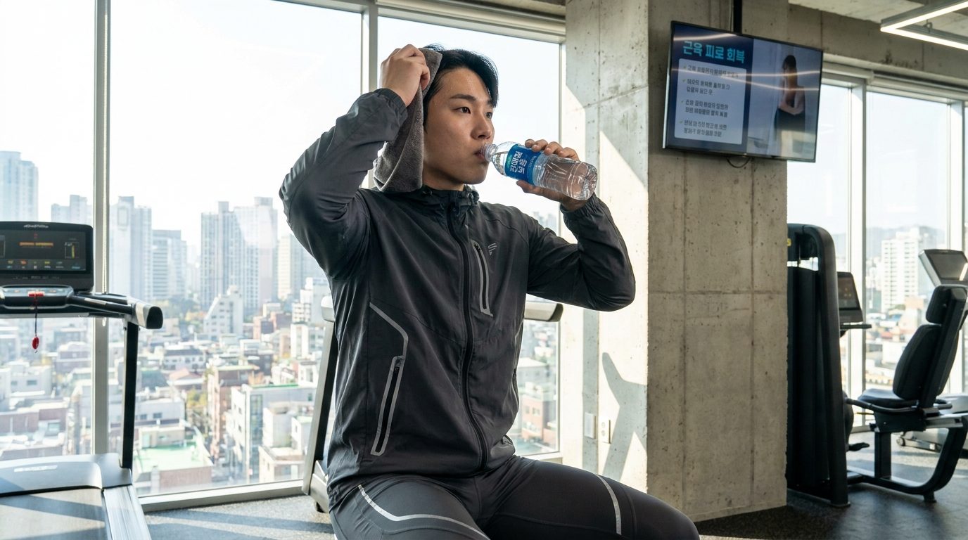 운동 후 전해질 음료를 마시며 근육 피로를 풀고 있는 한국 청년이 현대적인 체육관에서 운동복을 입고 있는 모습.