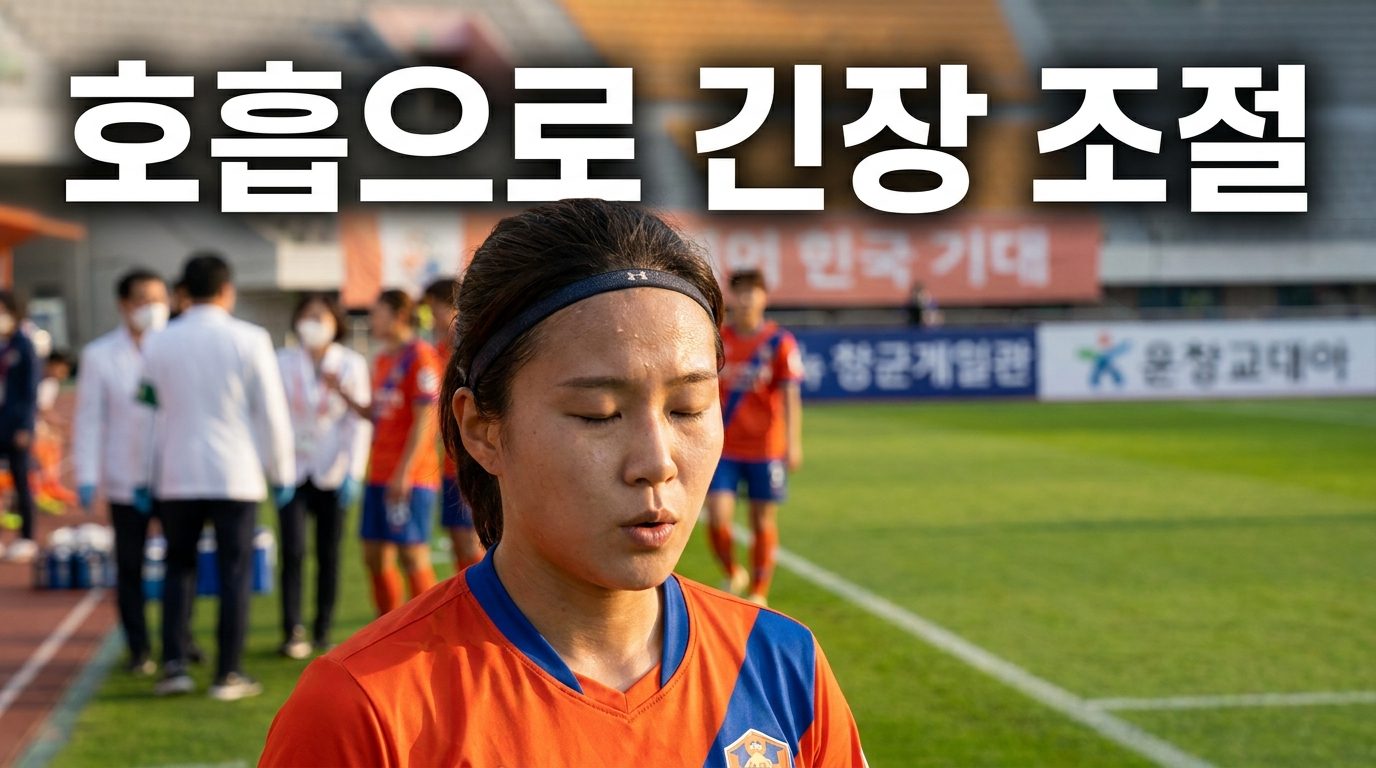경기 중 심호흡으로 긴장 완화에 집중하는 여자 선수의 클로즈업