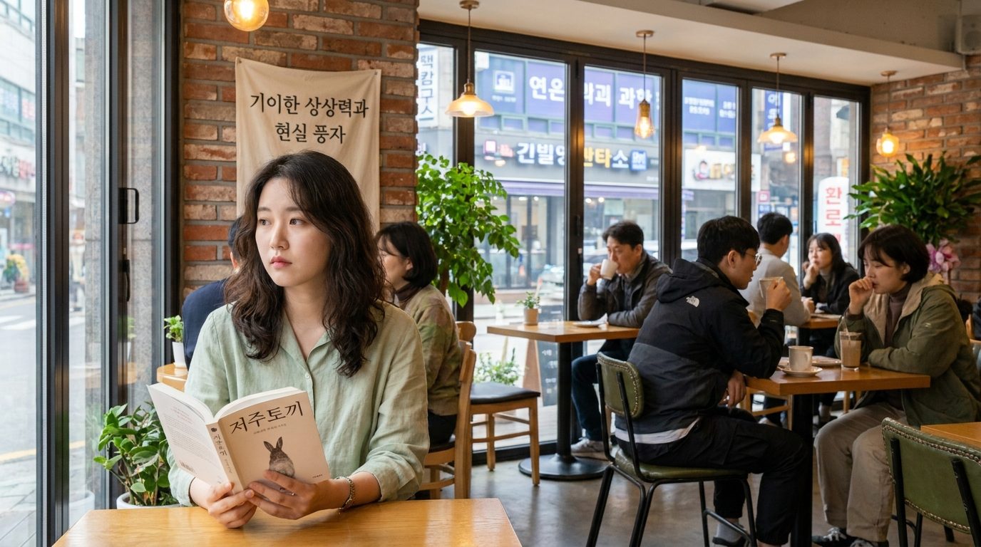 도시 카페에서 저주토끼를 읽는 젊은 한국 여성의 사려깊은 초상