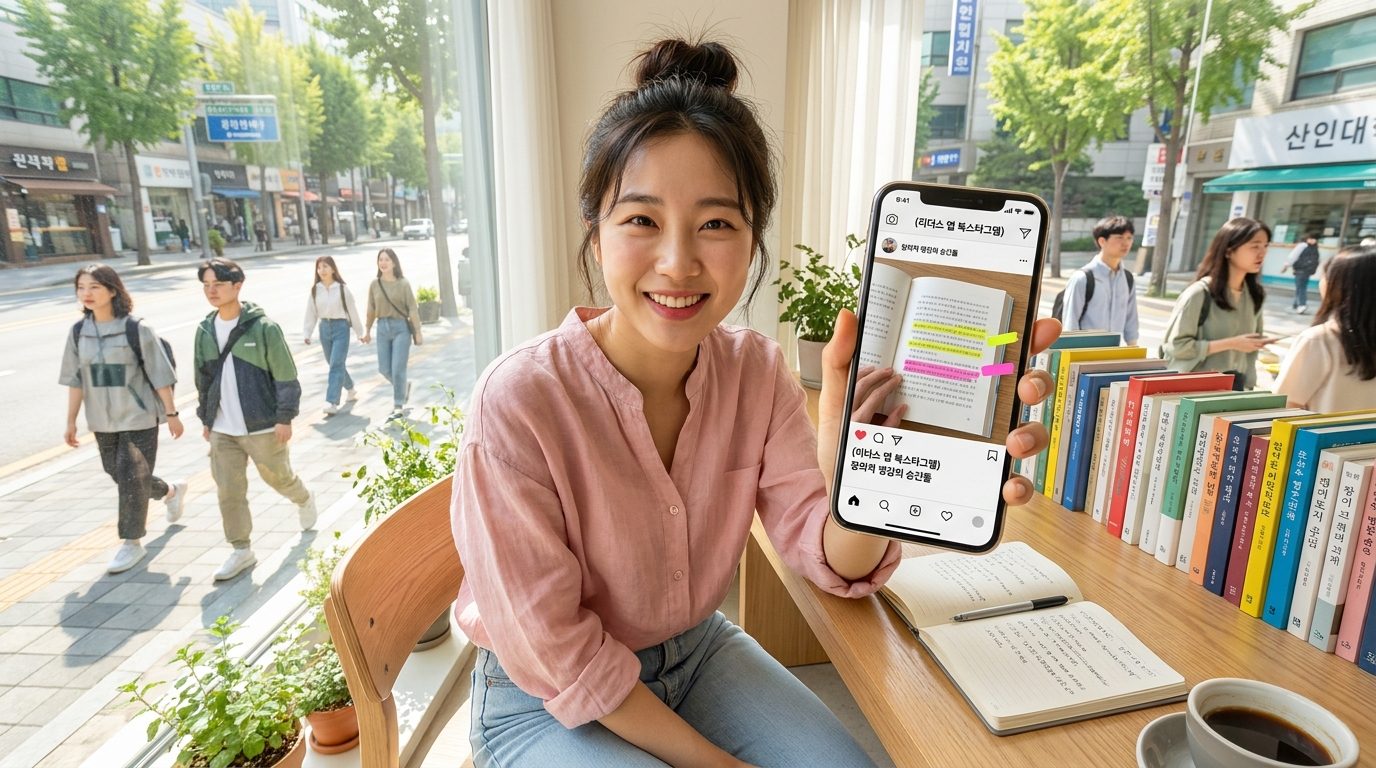 창가 책상에서 리더스 앱을 사용하며 북스타그램 스타일로 책 페이지를 형광펜으로 강조하는 한국 여성