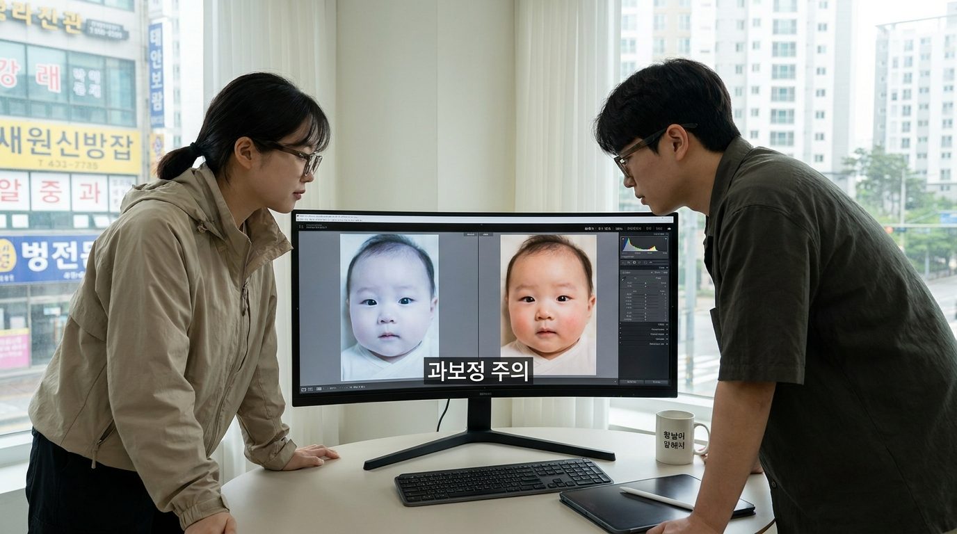 한국 아기 사진 과보정 전후 비교를 보여주는 모니터 화면과 현대적인 한국 가정 환경