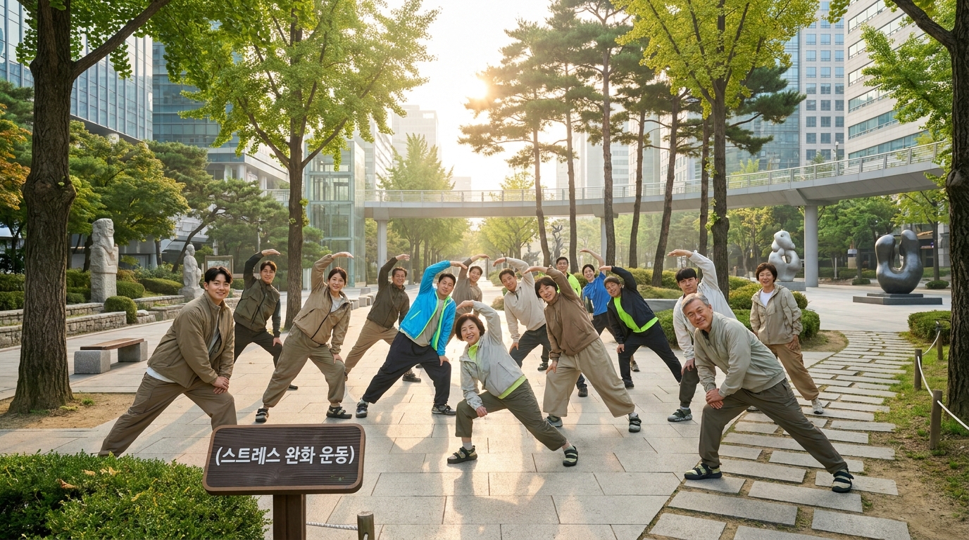 도심 공원에서 가벼운 스트레칭과 심호흡 운동으로 스트레스를 완화하는 한국 사람들
