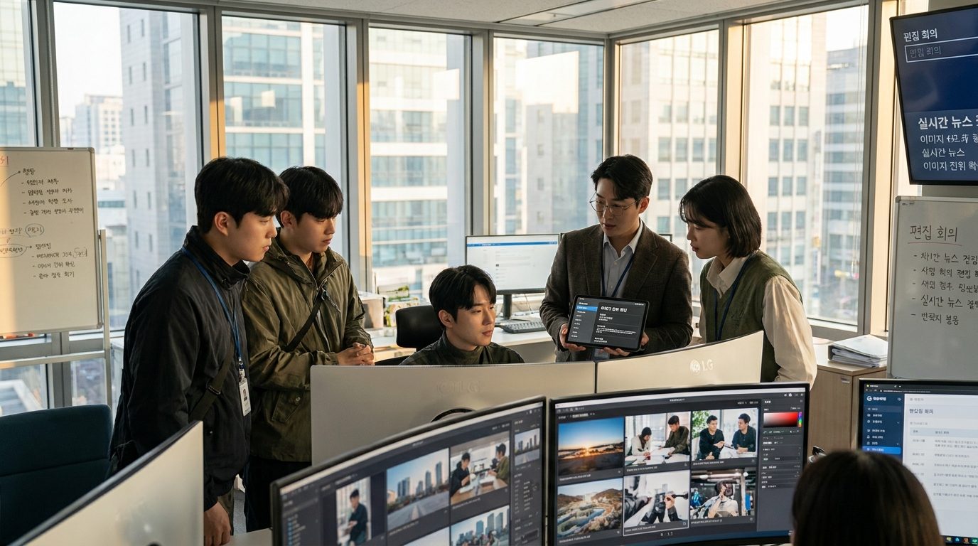 AI 이미지 판별 방법: 뉴스 편집실에서 여러 한국 젊은 전문가들이 현대적인 2026년 패션을 입고 이미지 진위 확인 작업을 하는 모습