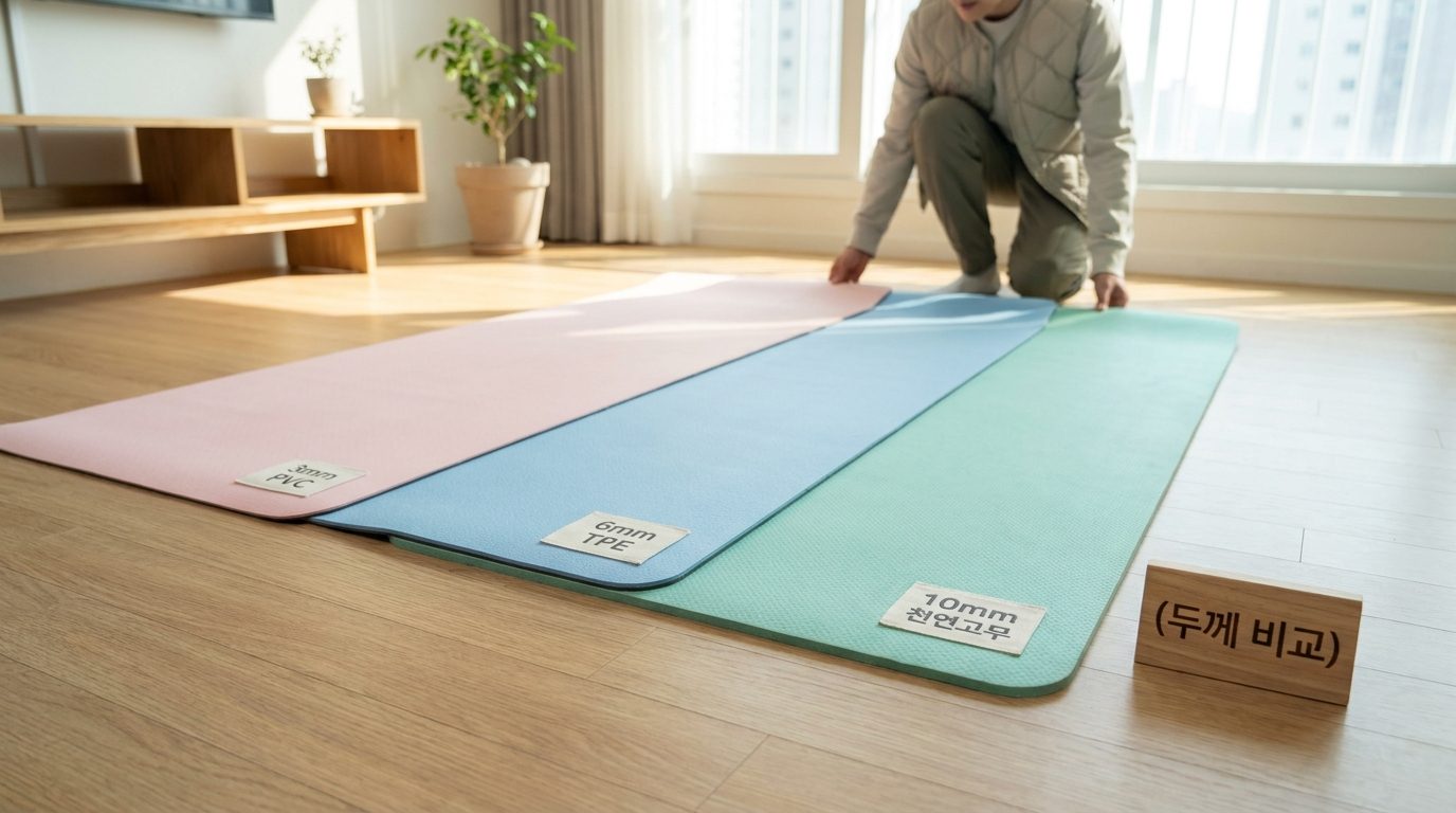 세 가지 다른 두께의 요가매트가 한국의 거실 바닥에 나란히 놓여 있고 각각 3mm, 6mm, 10mm 두께가 한글로 표기되어 있다