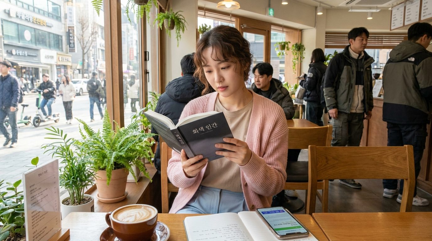 편안한 카페에서 회색 인간 책을 읽고 있는 젊은 한국 여성의 모습이며, 따뜻한 자연광과 함께 한국 도시 거리 풍경이 보인다.