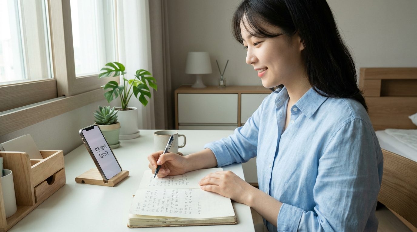 책상에 앉아 원고에 펜을 들고 꾸준한 글쓰기 습관을 보여주는 미소 짓는 여성 작가의 클로즈업