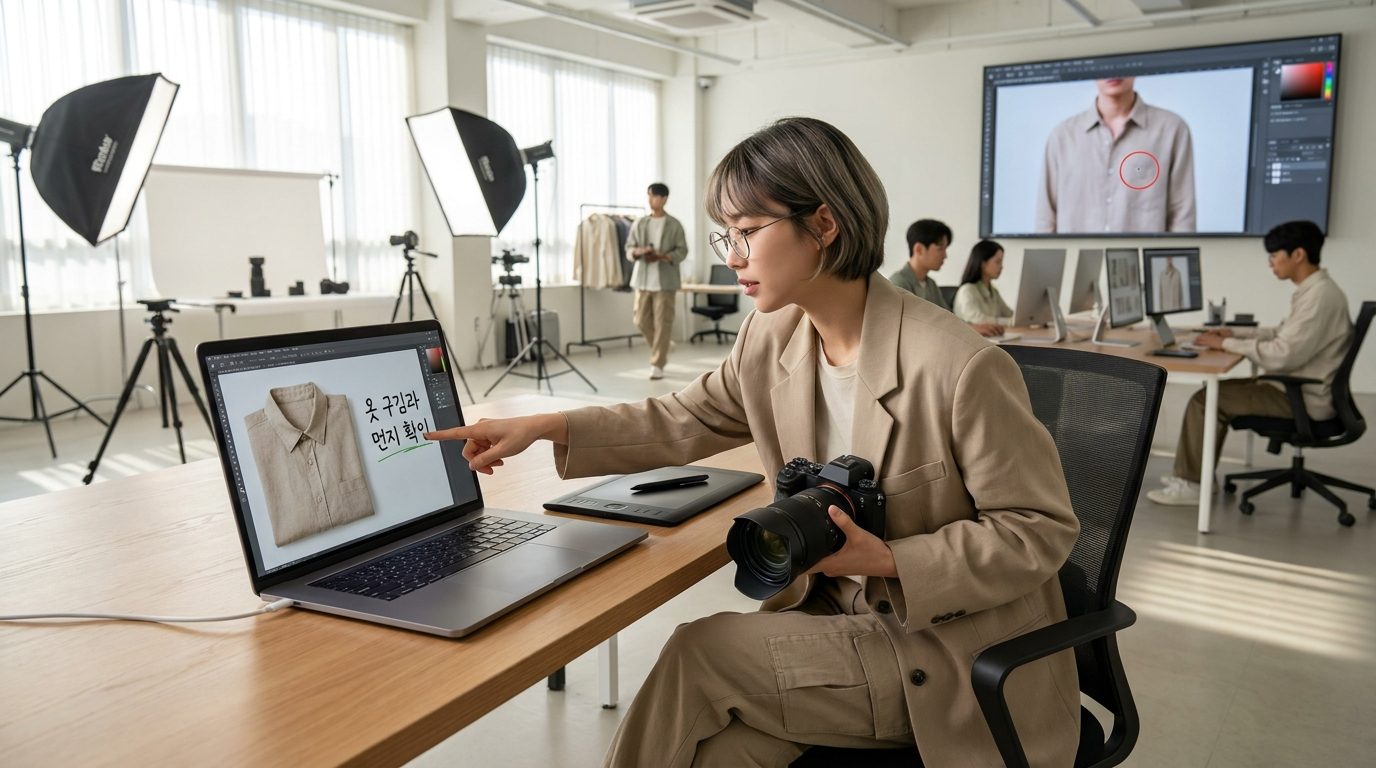 제품 사진 리터칭: 의류 사진 구김과 먼지를 확인하는 한국 여성 사진작가의 스튜디오 장면