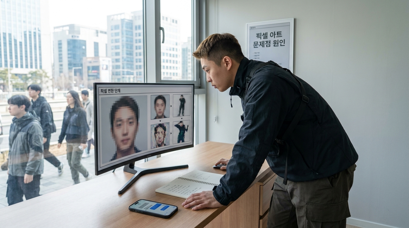 픽셀 아트 변환 문제를 컴퓨터 화면으로 분석하는 2026년 한국의 젊은 전문직 인물 사진
