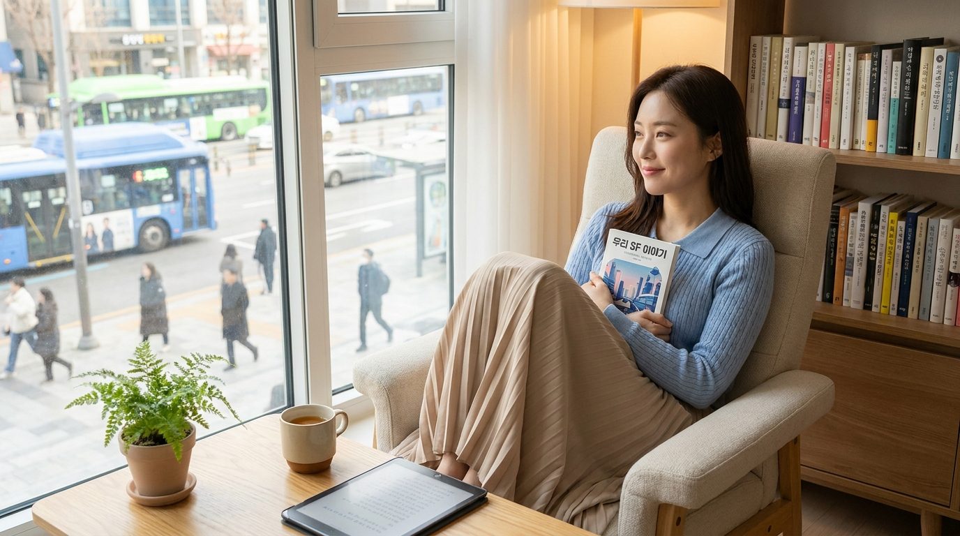 따뜻한 자연광이 드는 현대 한국 거실에서 연한 색 옷을 입은 여성이 SF 소설을 읽으며 다정하고 사려 깊은 표정을 짓고 있다.